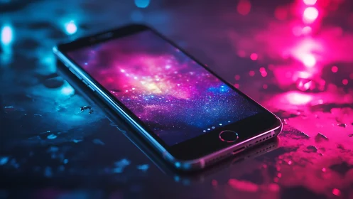 Smartphone screen displays vivid galaxy under neon light