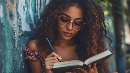 Young woman writes in notebook beside graffiti wall, shallow DOF