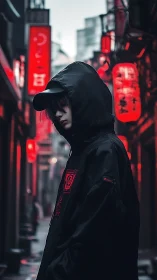 Hooded night wanderer beneath neon crimson alley lanterns.