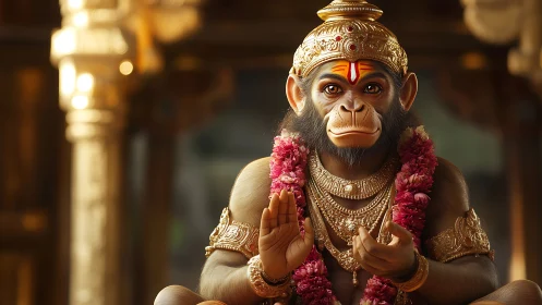 Monkey-headed deity statue wearing gold ornaments and garlands