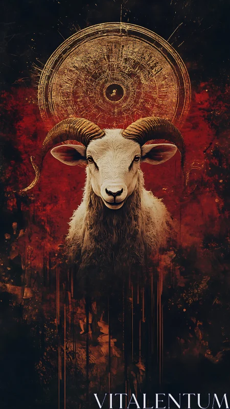 Horned ram portrait under circular golden halo symbol.