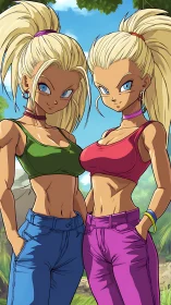 Two blonde anime women stand outdoors in fitted casual wear