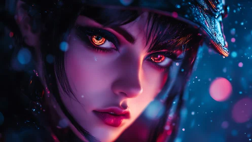 Cyberpunk heroine gazes ahead with neon-lit, fiery eyes.