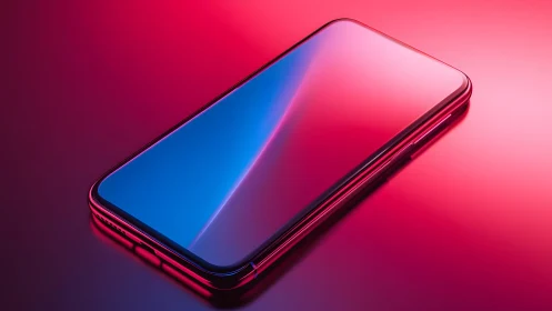 Modern smartphone on neon surface with vibrant gradient lighting.