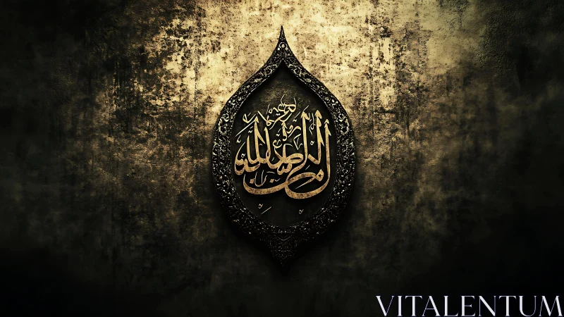 Golden Arabic calligraphy glowing in ornate teardrop frame.