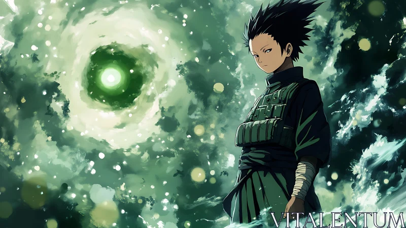 Anime warrior stands before swirling green energy vortex