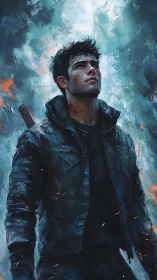 Male survivor stands in burned forest with weapon ready