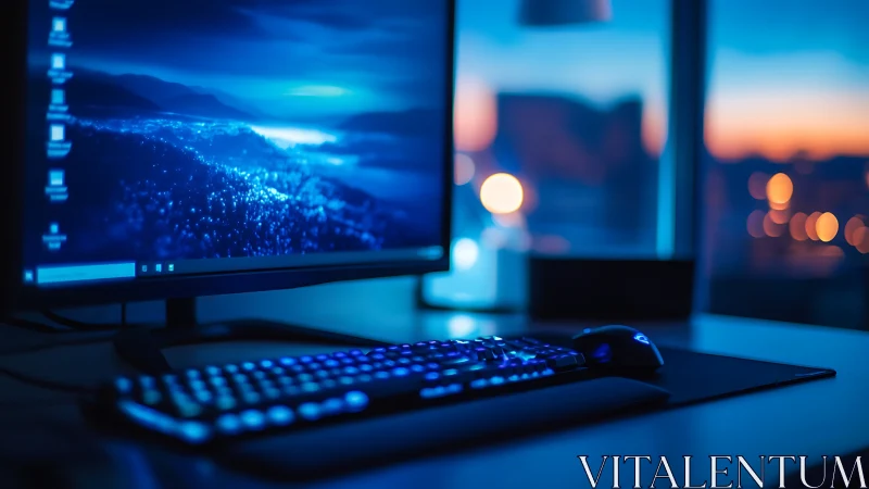 Sleek RGB desktop glows against a tranquil sunset city view