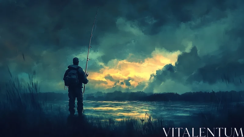 Twilight angler overlooking luminous stormlit riverscape.