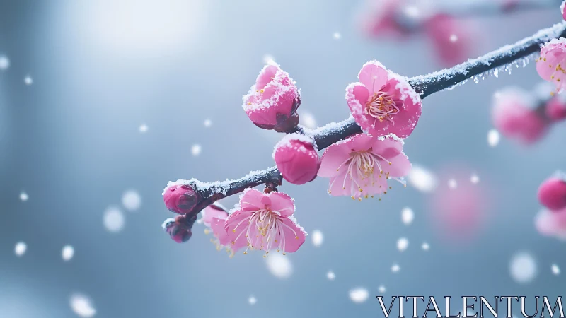 Snow-dusted pink blossoms extend across a blurred winter background