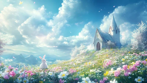 Dreamlike chapel hill with white rabbit in blooming meadow.