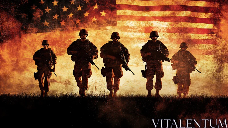 Silhouetted soldiers advance before distressed US flag field