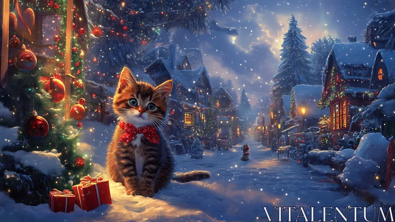 Kitten with red bow anchors a luminous snowy Christmas village