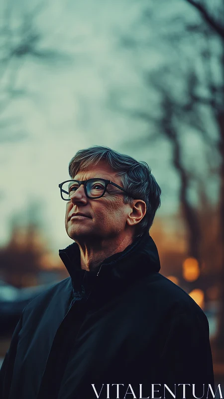Older man in dark coat looking upward at dusk outdoors.