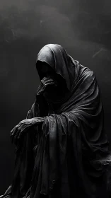 Brooding obsidian wraith seated in storm-stilled silence.