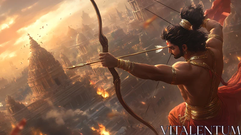 Archer aims arrow over burning ancient city at sunset