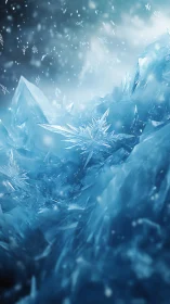 Sharp blue ice crystals and snowflakes in cold closeup.