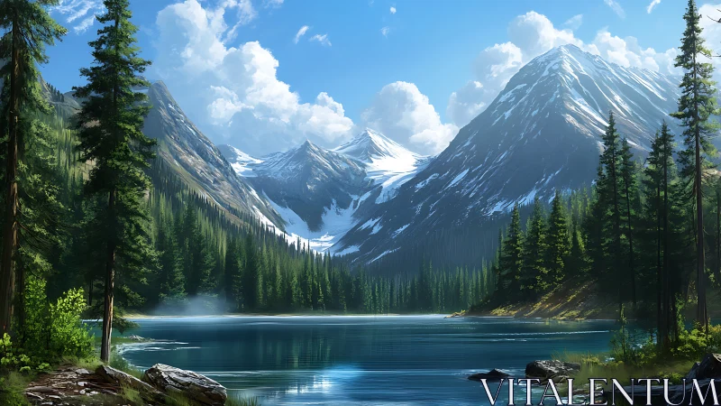 Snow-capped alpine peaks frame a still conifer lake panorama