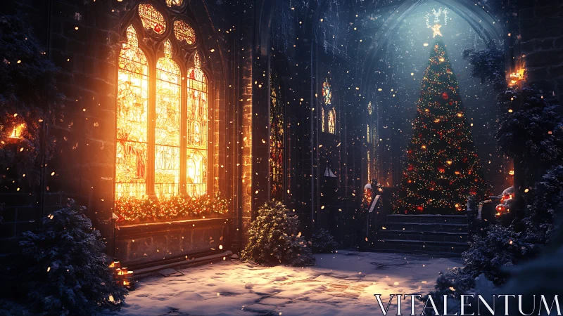 Gothic cathedral nave with illuminated stained glass and tree