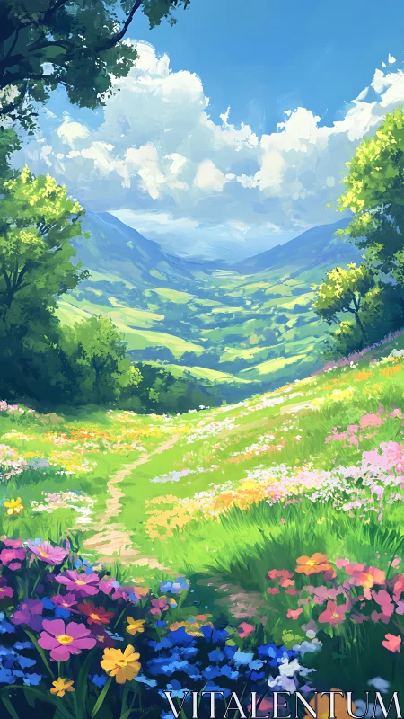 Hillside valley landscape with wildflower path under clouds.