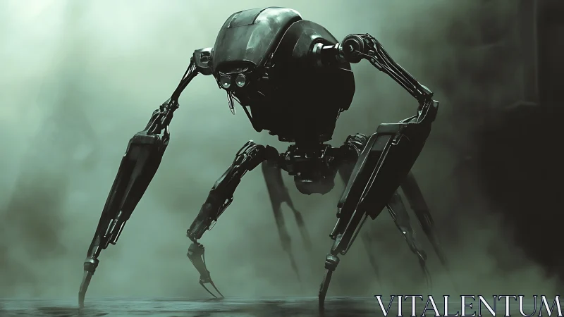 Stealth combat mech stalks through dense toxic fog.