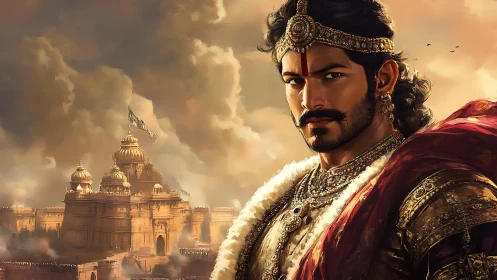 Regal Indian warlord before golden temple fortress at dusk.