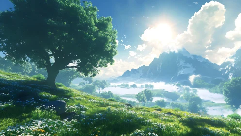 Luminous alpine valley landscape with radiant sunlit meadow.