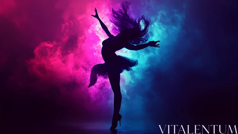 Silhouette dancer swirling through neon clouds of color.