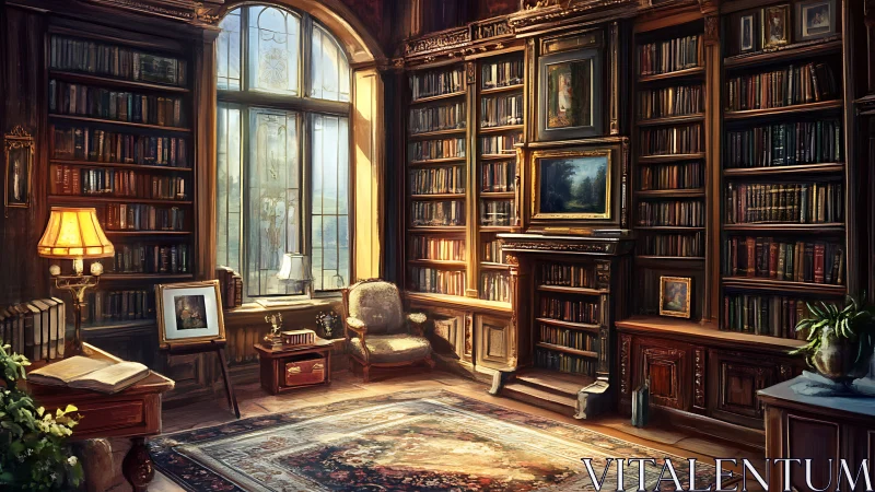 Sunlit vintage library interior with ornate bookcases.