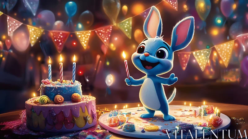 Joyful Blue Bunny Celebrates Birthday with Festive Cake and Lights