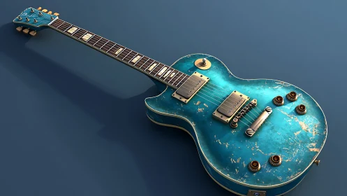 Weathered turquoise electric guitar basking in quiet light.