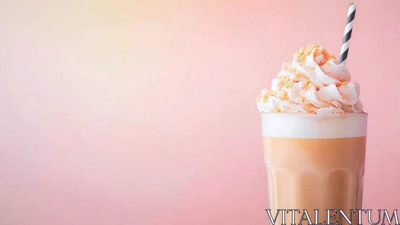 Iced latte with whipped cream on soft pink background.