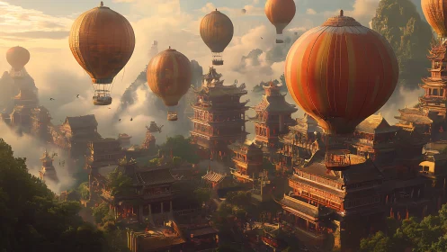 Skyward pagoda city drifting beneath lantern balloons.