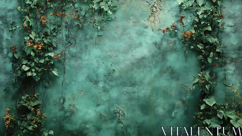 Weathered turquoise wall bordered by climbing green vines.
