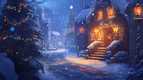 Snowy village street with warmly lit Christmas houses.