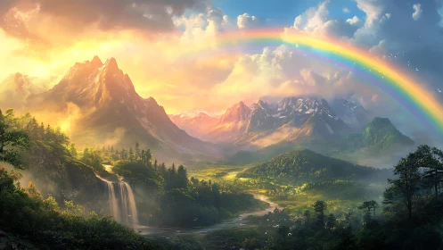 Luminous rainbow arching over misty alpine valley vista.