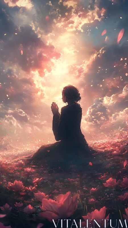 Figure sits in flower field beneath illuminated cloud opening