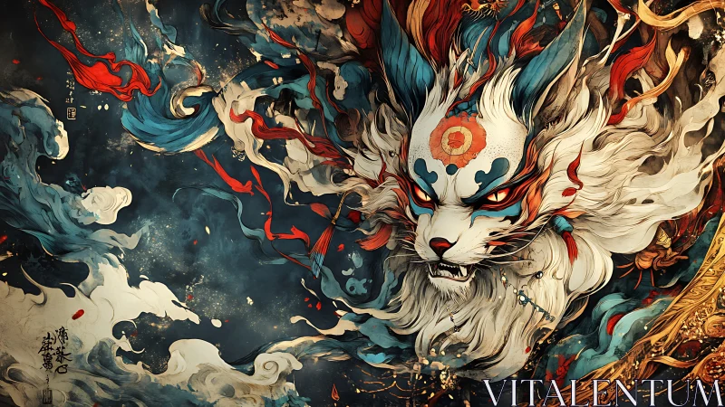 Mythic fox spirit bursts through swirling celestial storm.