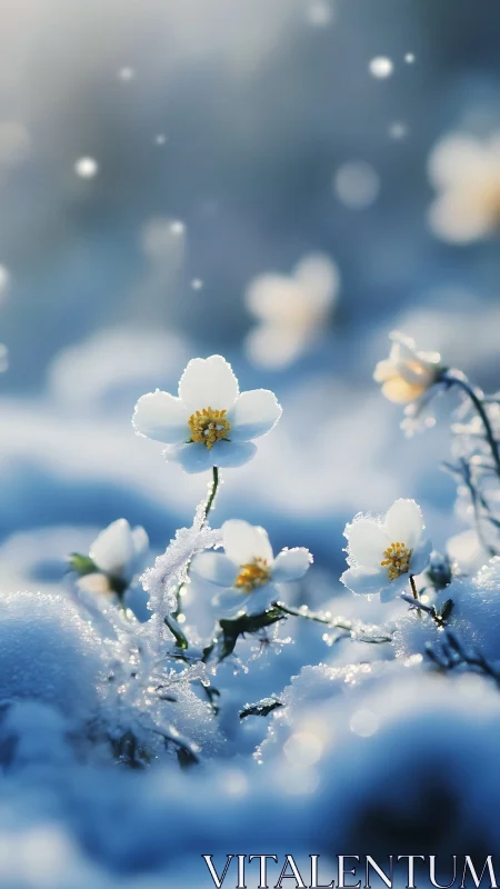 White alpine blossoms emerge through crystalline winter snow