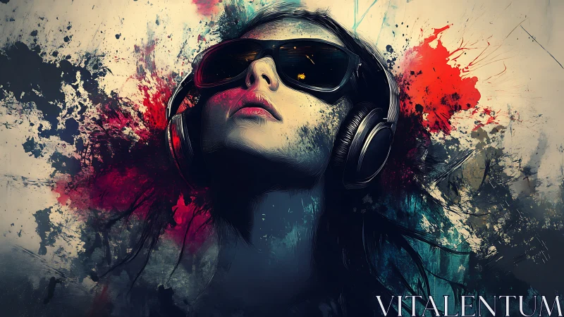Digital portrait girl with headphones in abstract splashes.