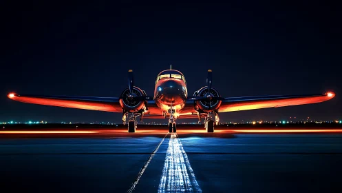 Vintage propeller airliner glows over neon runway at night.
