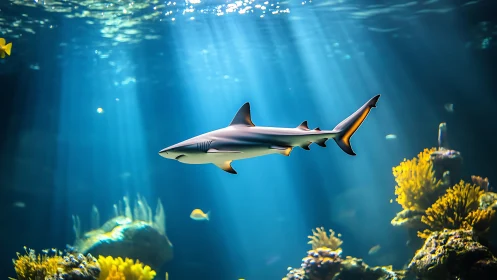 Sleek reef shark gliding through sunlit aquarium waters.
