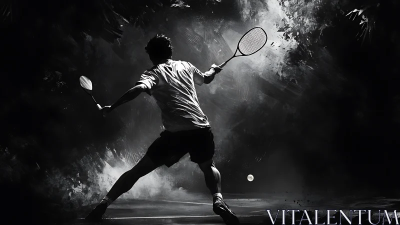 Shadowcourt smash: lone racket hero in stormy spotlight.