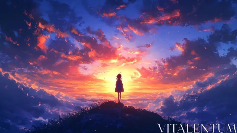 Sunset daydreams with a lone figure beneath glowing sky.