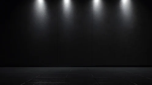 Dark empty interior wall lit by four overhead spotlights.