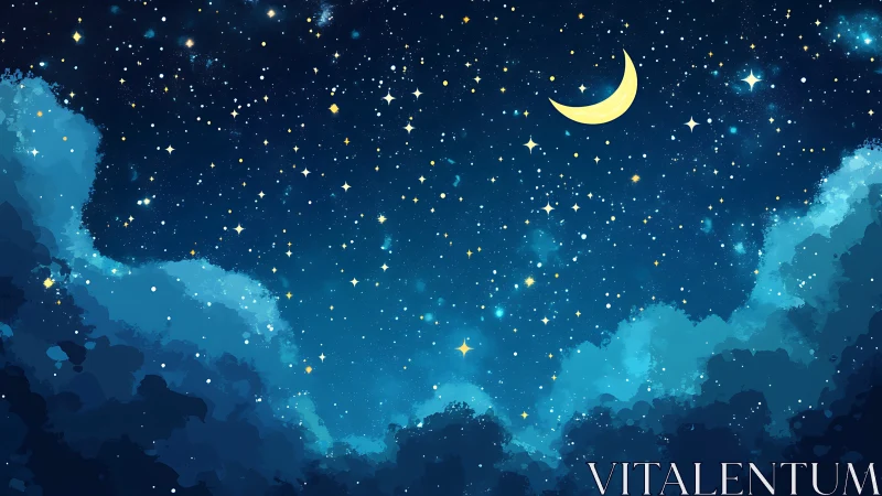 Crescent moon is positioned above dense stylized star field