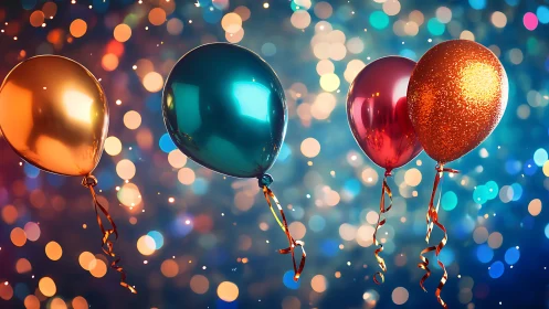 Metallic balloons against bokeh celebration backdrop.