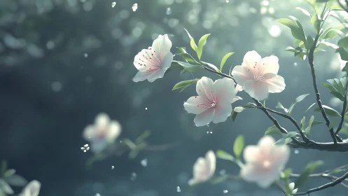 Luminous Cherry Blossoms on Misty Branch.