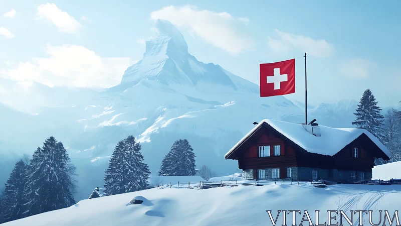 Swiss alpine chalet under snow with Matterhorn peak backdrop