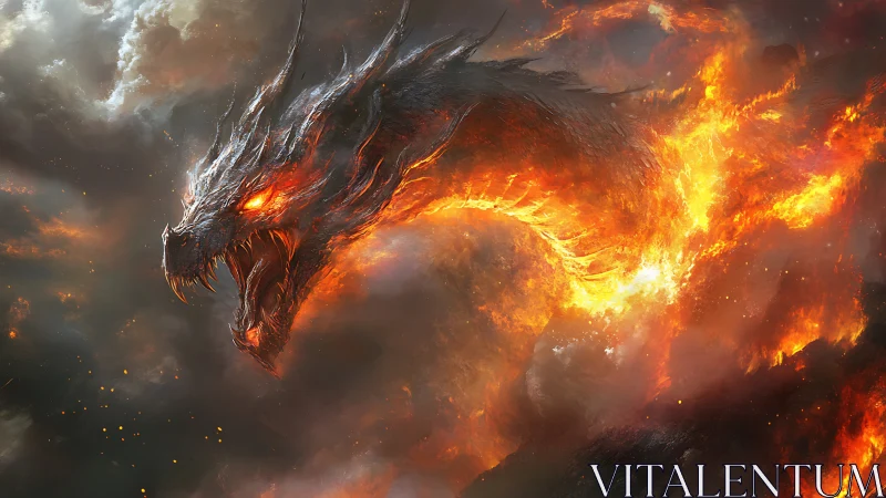 Fiery dragon head emerging from stormy clouds in flame.